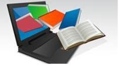 Imagem colorida, em plano geral, mostra cinco livros como se estivessem saindo da tela do notebook. Um dos livros aberto e os outros, da esquerda para a direita, com as capas nas cores rosa, verde, vermelho e azul.