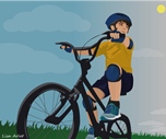 O desenho colorido mostra um menino montado sobre uma bicicleta enquanto olha para o lado. O garoto usa o equipamento de segurança: caneleiras, cotoveleiras, luvas e capacete. Atrás dele  um gramado baixo e, no céu o sol brilhando no canto direito da imagem. (Descrição: Felipe Barbieri)
