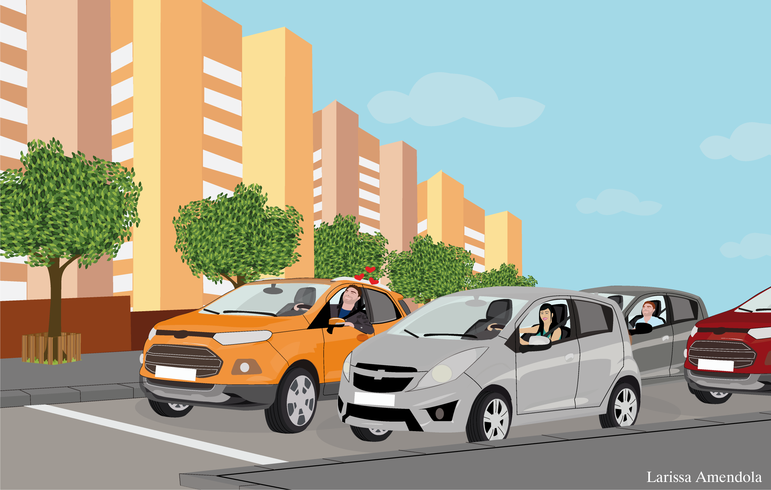 Desenho de uma rua com prédios laranjas e marrons, cercados por um muro. Rente a ele estão plantadas árvores na calçada.  No leito viário, carros parados, na frente dois carros juntos à faixa de retenção (faixa branca, pintada no solo, perpendicular à   via). O da direita é cinza, e na direção uma moça com cabelos castanhos compridos. O outro, da esquerda, é vermelho e na direção um rapaz de cabelos pretos. Existem corações vermelhos, acima do rapaz, mostrando que ele está interessado na moça do carro ao lado. (Descrição: Flávia Maria de Paiva Vital)